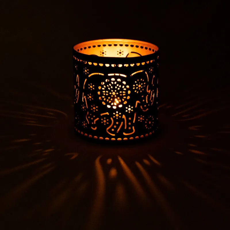 Illuminazione D&#39;atmosfera Fairtrade con Mandala Elefante Portacandela Stile Vintage - Adatto per Lumini e Candele Votive