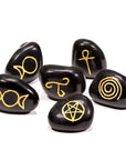 Set 6 Simboli Wicca su Pietra Agata Nera confezionate in Sacchetto di Velluto - Handmade