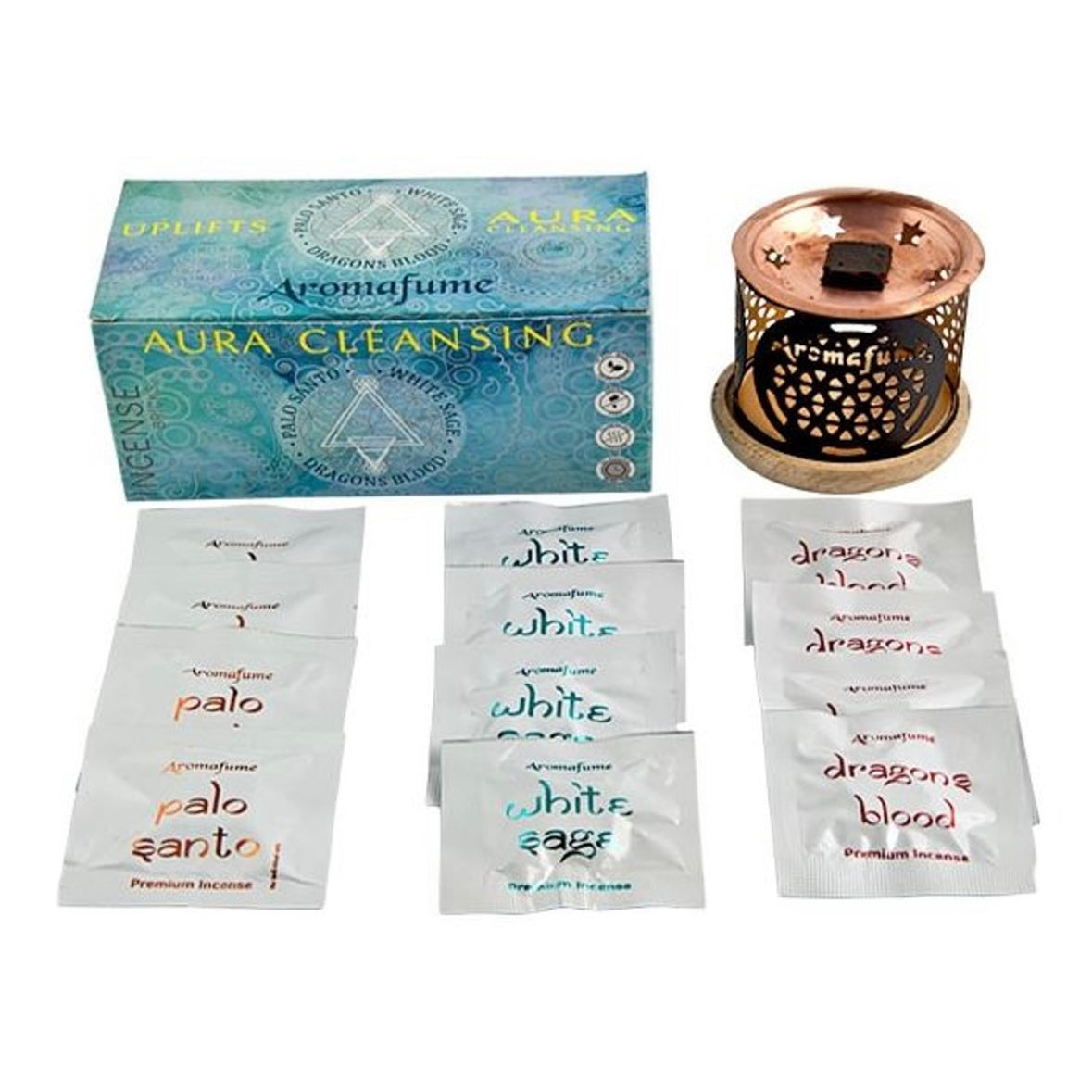 Aromafume Aura Cleasing Kit Bruciaincenso + 12 Mattoncini di incenso (Salvia bianca, Sangue di drago e Palo Santo) - Niente Fumo e Cenere - clorophilla-shop