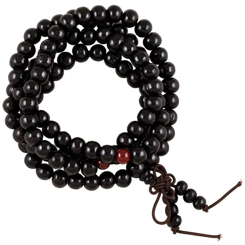 Wooden Tibetan Mala with elastic wire - Rosary necklace 108 wood grains and 3 ornamental grains