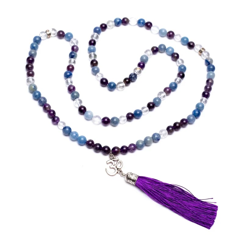 Tibetan Mala in Amethyst, Adventurine and Rocca crystal with OM and Nappa pendant - Rosary necklace 108 pearls