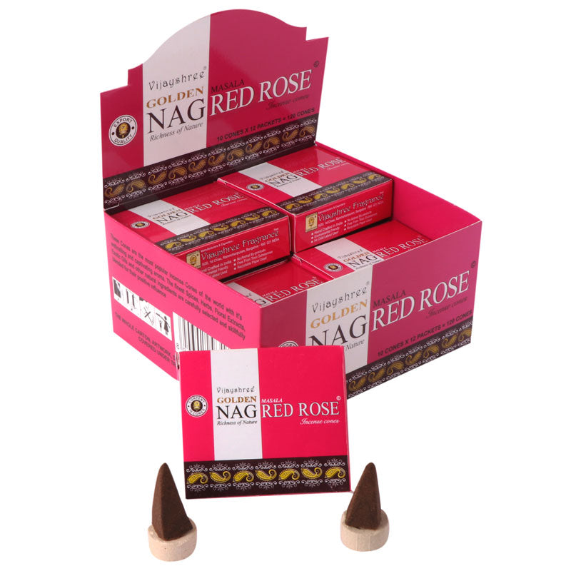 Vijayshree nag red rose incense in cones produced in India - Dhoop with 10pz - support included