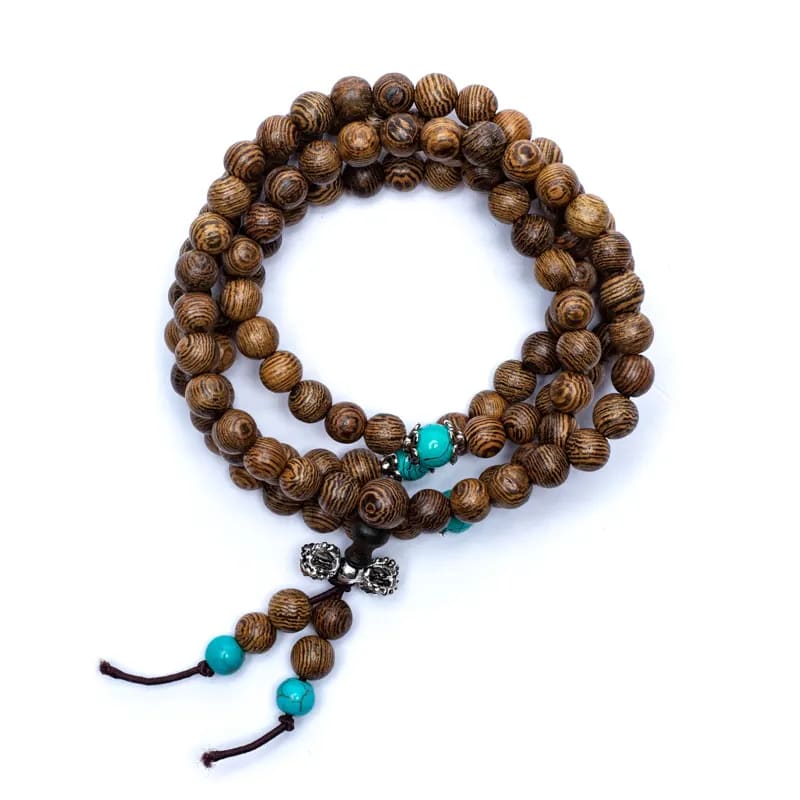Wood and Dorje Mala Tibetan with elastic wire - Rosary necklace 108 wood grains and 3 ornamental grains
