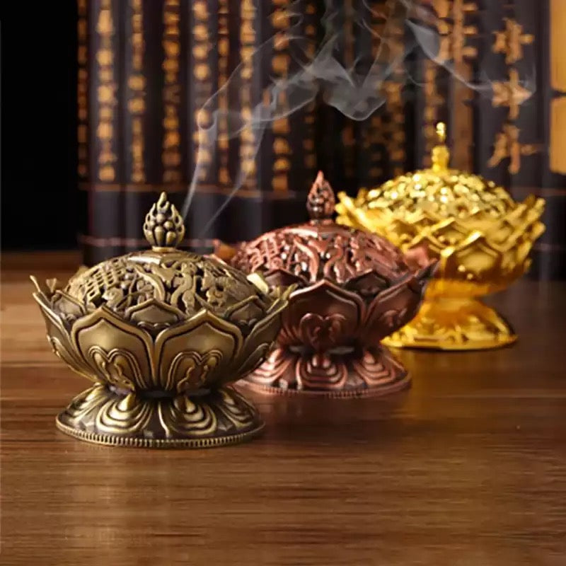 Bruciaincenso Fiore di Loto con simboli Buon Auspicio Tibetani per Incenso in Grani, Bastoncini e Coni - Portaincenso ORO - clorophilla-shop