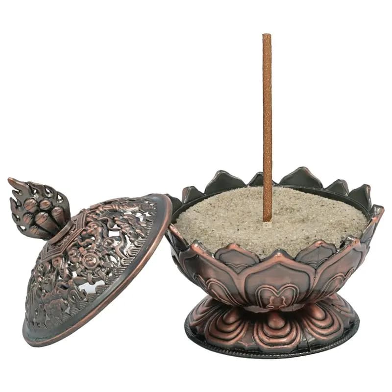 Bruciaincenso Fiore di Loto con simboli Buon Auspicio Tibetani per Incenso in Grani, Bastoncini e Coni - Portaincenso RAME - clorophilla-shop