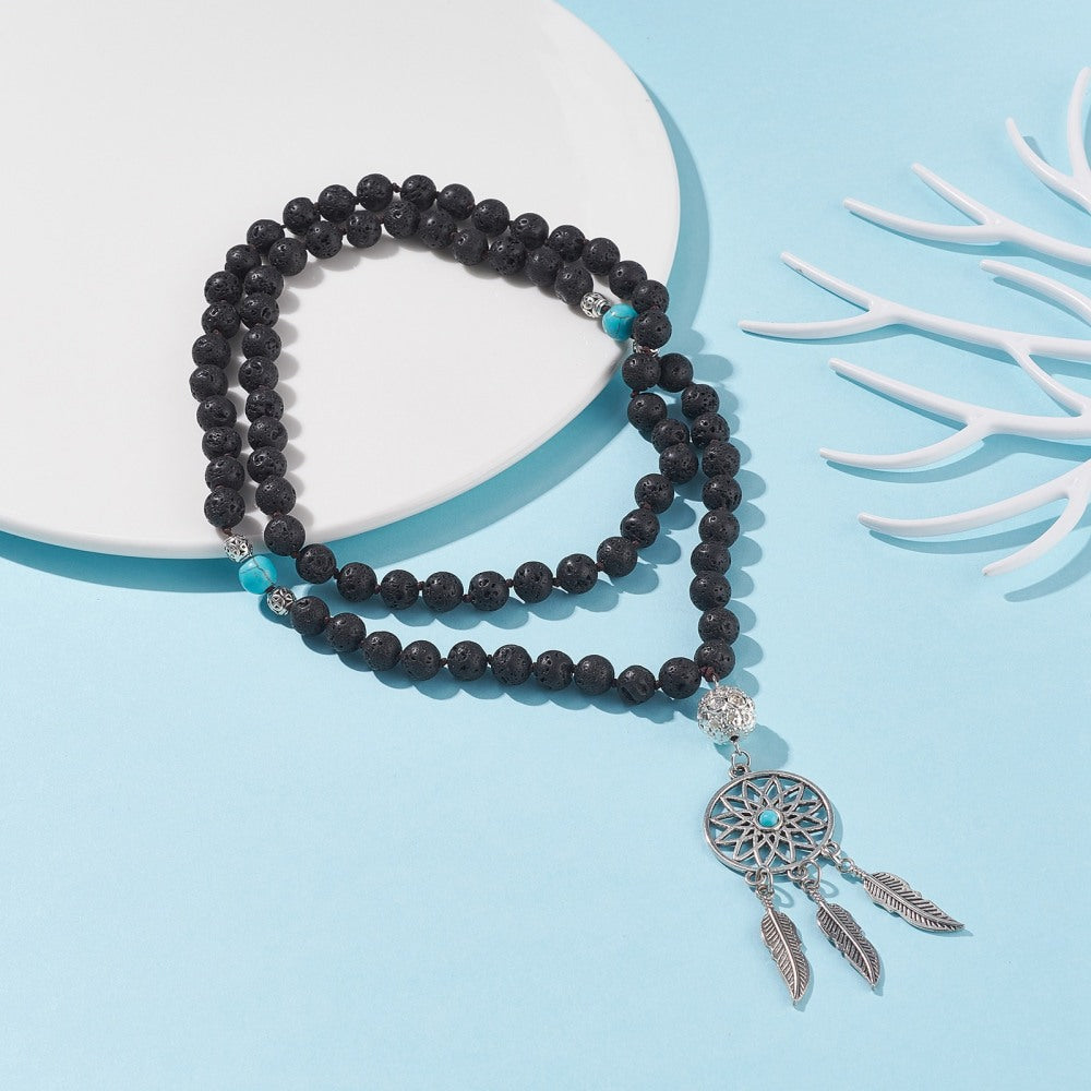 Collana Indonesiana in pietra lavica con acchiappasogni - clorophilla-shop