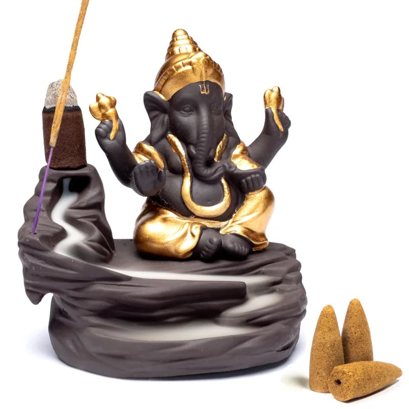 Bruciaincenso a cascata Ganesh in Ceramica per Incenso in bastoncini e coni - Portaincenso a fontana 10cm - clorophilla-shop