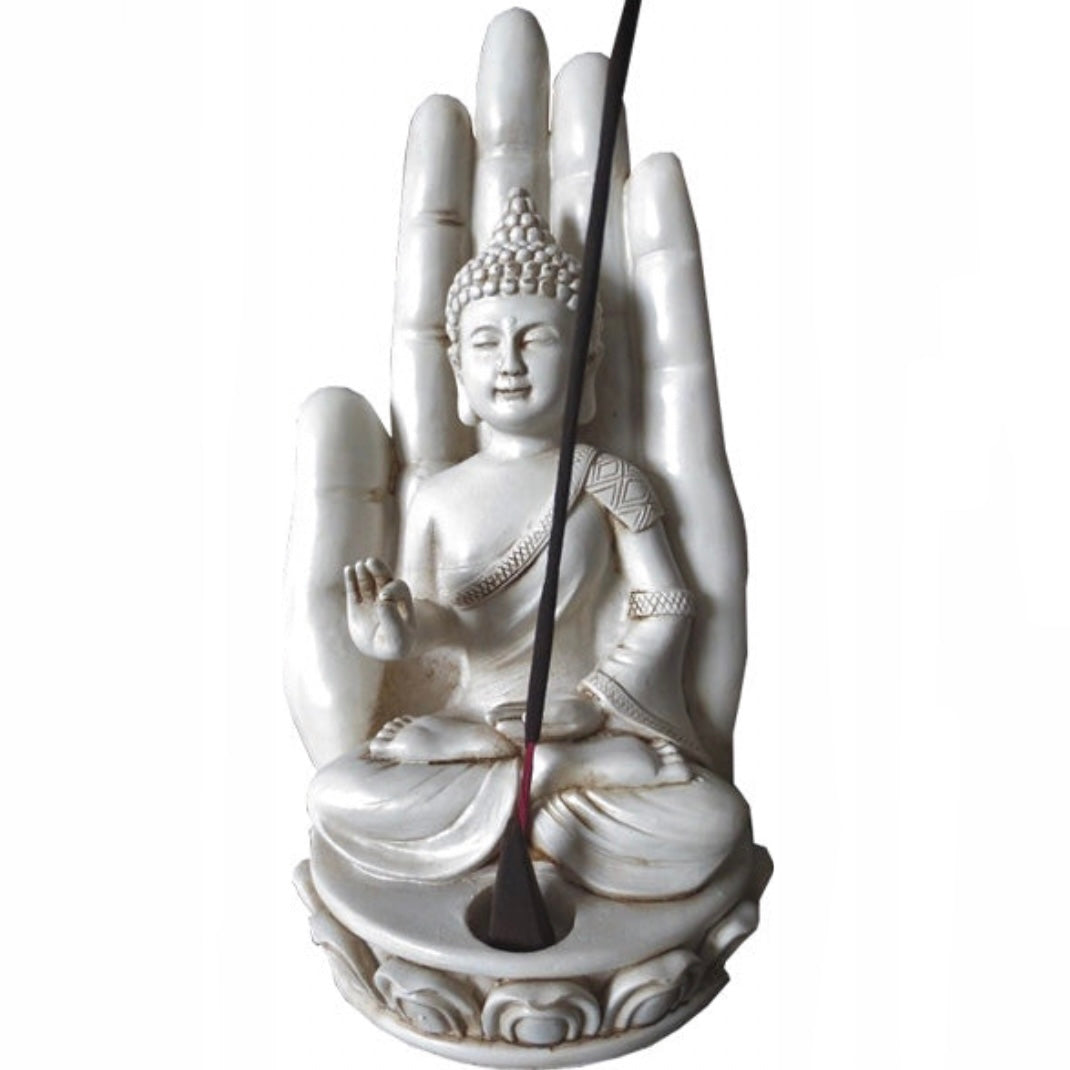 Bruciaincenso Buddha su mano in Resina per Incenso in Bastoncini e Coni - Portaincenso 24cm - clorophilla-shop