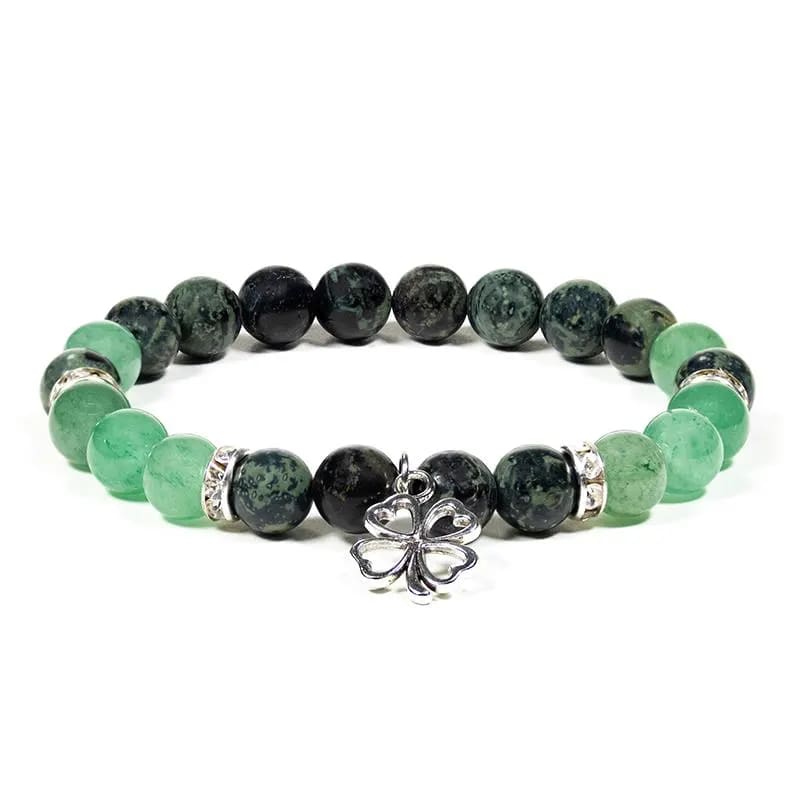 Bracciale elastico Diaspro Kambaba e Avventurina verde con trifoglio - clorophilla-shop