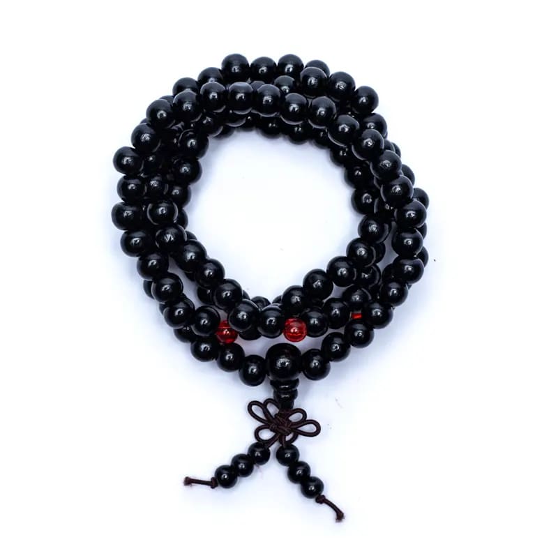 Wooden Tibetan Mala with elastic wire - Rosary necklace 108 wood grains and 3 ornamental grains