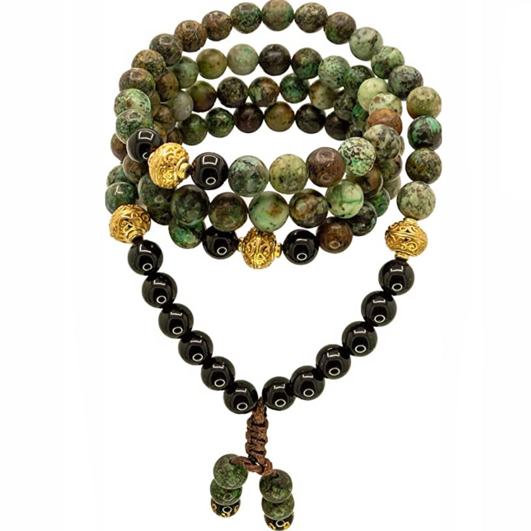 Samsara Mala Tibetana Turchese africano e Onice nero - Collana Rosario 108 grani
