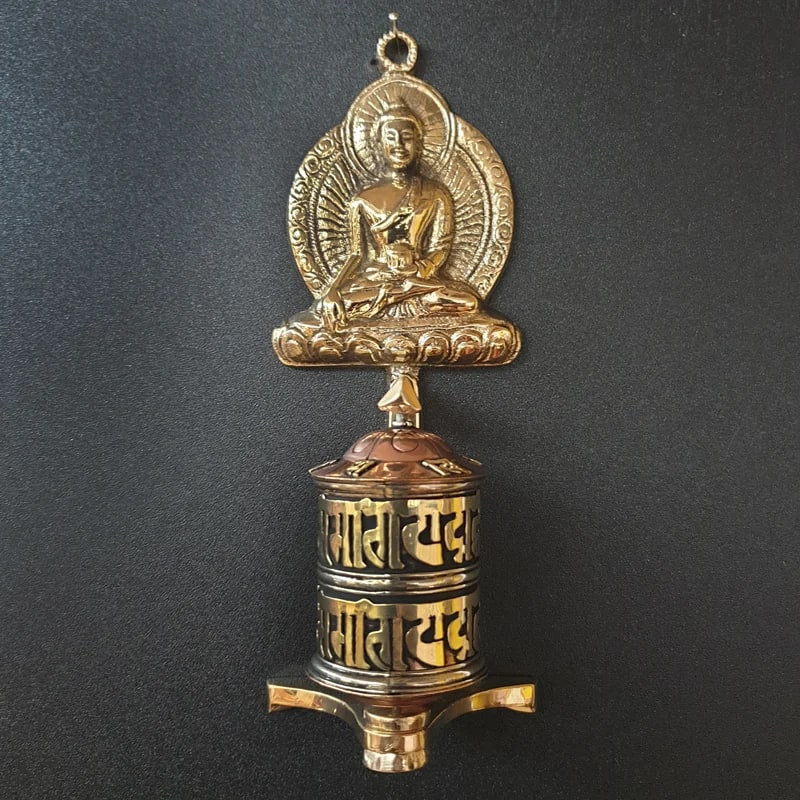 Table brass prayer wheel with historical Buddha Shakyamuni and Mantra Om - Tibetan Buddhist tradition - 17.5cm