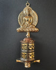 Ruota di Preghiera in Ottone da Tavolo con Buddha Storico Shakyamuni e Mantra Om - Tradizione Buddhista Tibetana - 17,5cm
