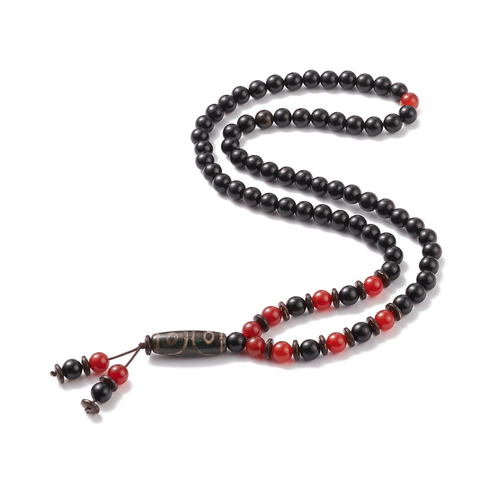 Collana Buddhista con ciondolo ovale in legno naturale e Agata rossa - clorophilla-shop