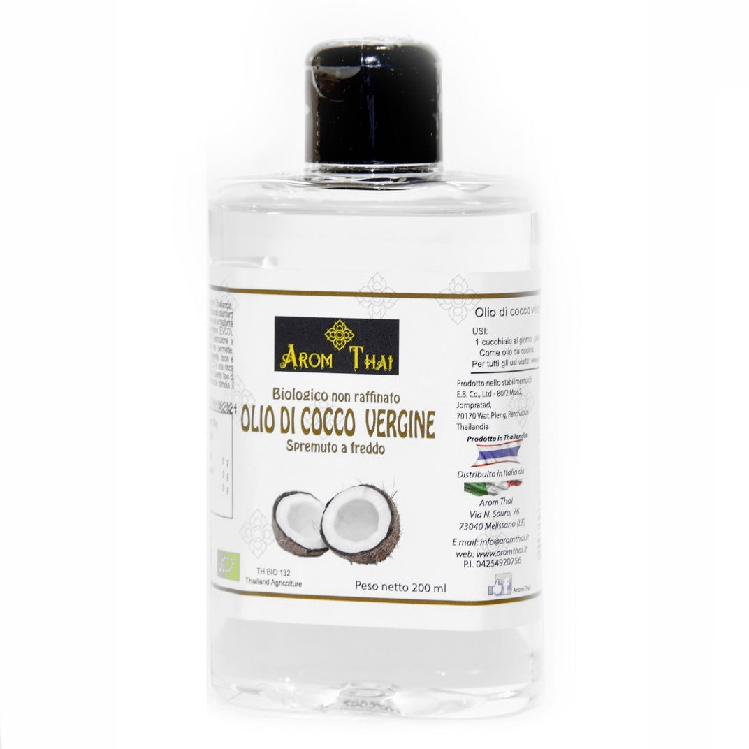 Arom Thai - Olio di Cocco puro 100% Biologico non raffinato Made in Thailandia - bottiglia da 200ml - clorophilla-shop