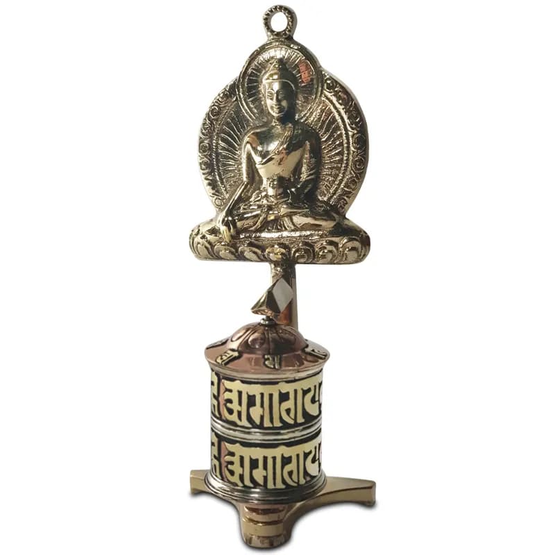 Table brass prayer wheel with historical Buddha Shakyamuni and Mantra Om - Tibetan Buddhist tradition - 17.5cm