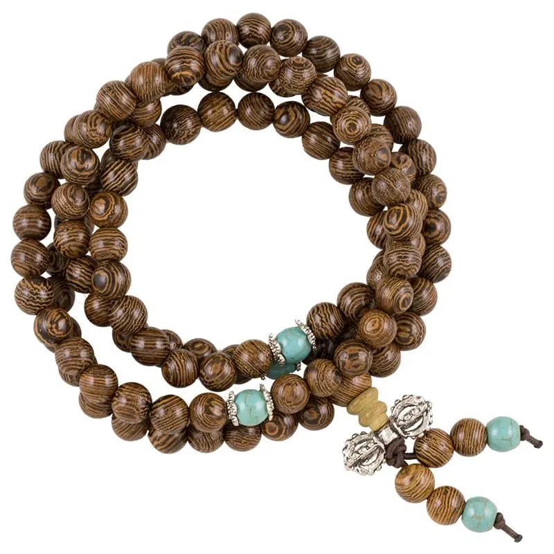 Wood and Dorje Mala Tibetan with elastic wire - Rosary necklace 108 wood grains and 3 ornamental grains