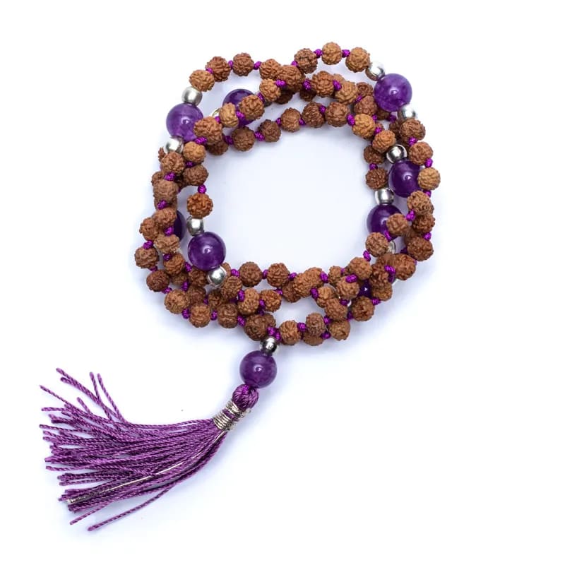 Mala Tibetana Rudraksha and Amethyst with Nappa - Rosary necklace 108 Grani