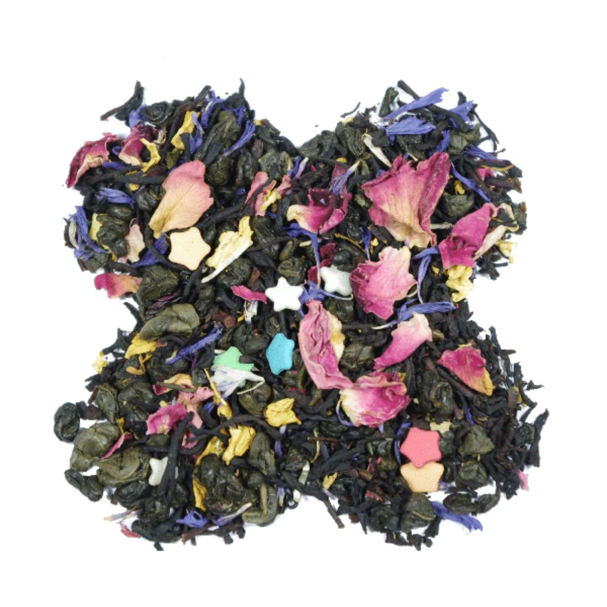 Tè della Fortuna - Miscela di Tè Verde e Tè Nero con petali di fiori e stelline di zucchero Artigianale 100% Organico - 100g