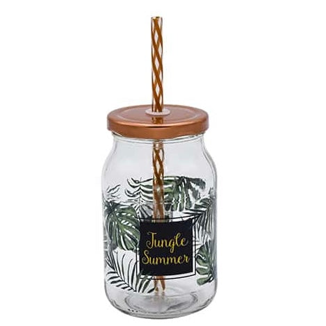 Jungle Summer Barattolo Giungla in Vetro con Cannuccia per Bevande - Idea Regalo