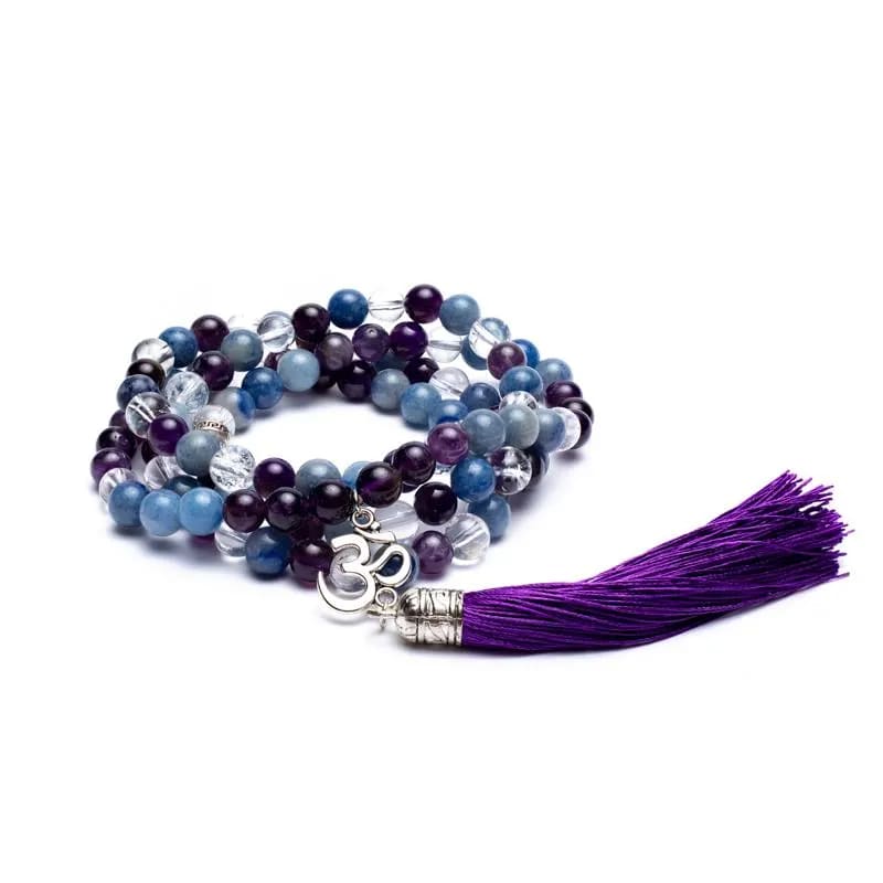 Tibetan Mala in Amethyst, Adventurine and Rocca crystal with OM and Nappa pendant - Rosary necklace 108 pearls