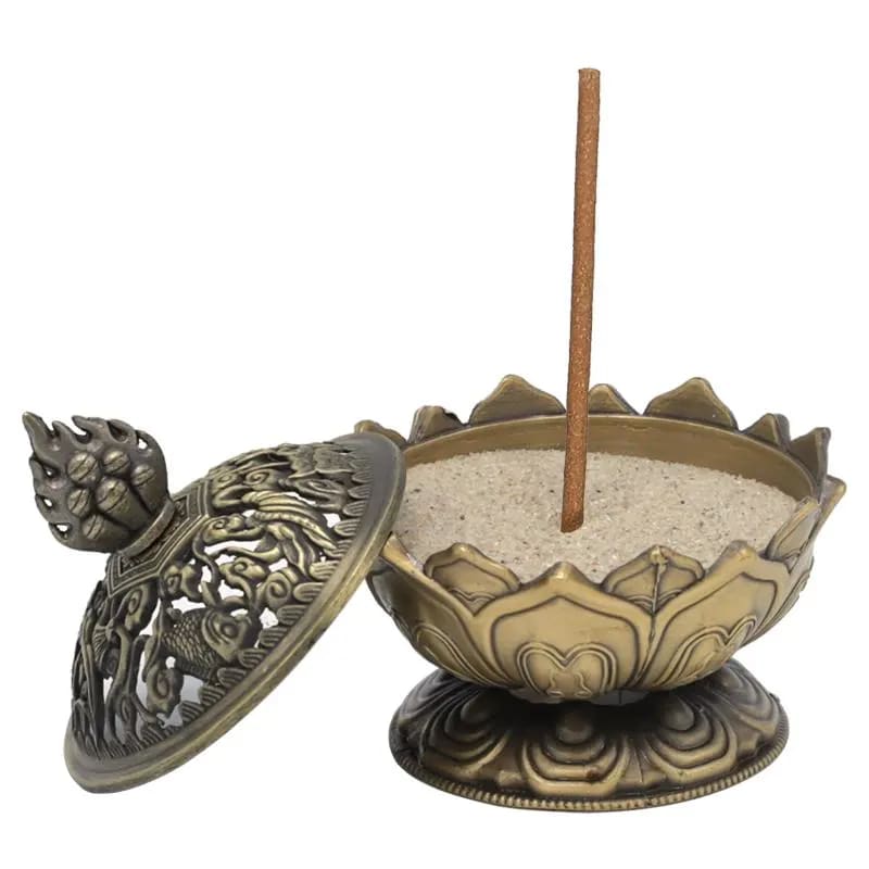 Bruciaincenso Fiore di Loto con simboli Buon Auspicio Tibetani per Incenso in Grani, Bastoncini e Coni - Portaincenso BRONZO - clorophilla-shop