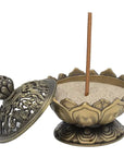 Bruciaincenso Fiore di Loto con simboli Buon Auspicio Tibetani per Incenso in Grani, Bastoncini e Coni - Portaincenso BRONZO - clorophilla-shop