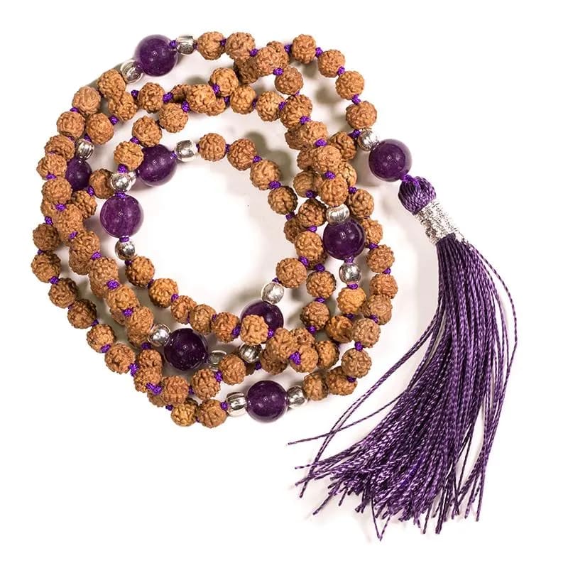 Mala Tibetana Rudraksha and Amethyst with Nappa - Rosary necklace 108 Grani
