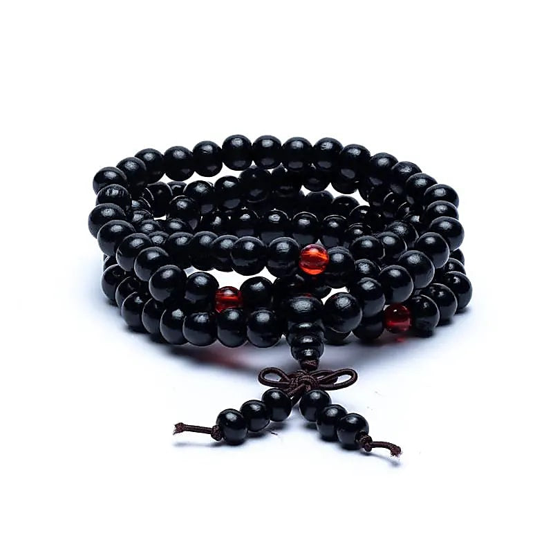 Wooden Tibetan Mala with elastic wire - Rosary necklace 108 wood grains and 3 ornamental grains