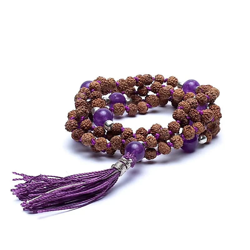 Mala Tibetana Rudraksha and Amethyst with Nappa - Rosary necklace 108 Grani
