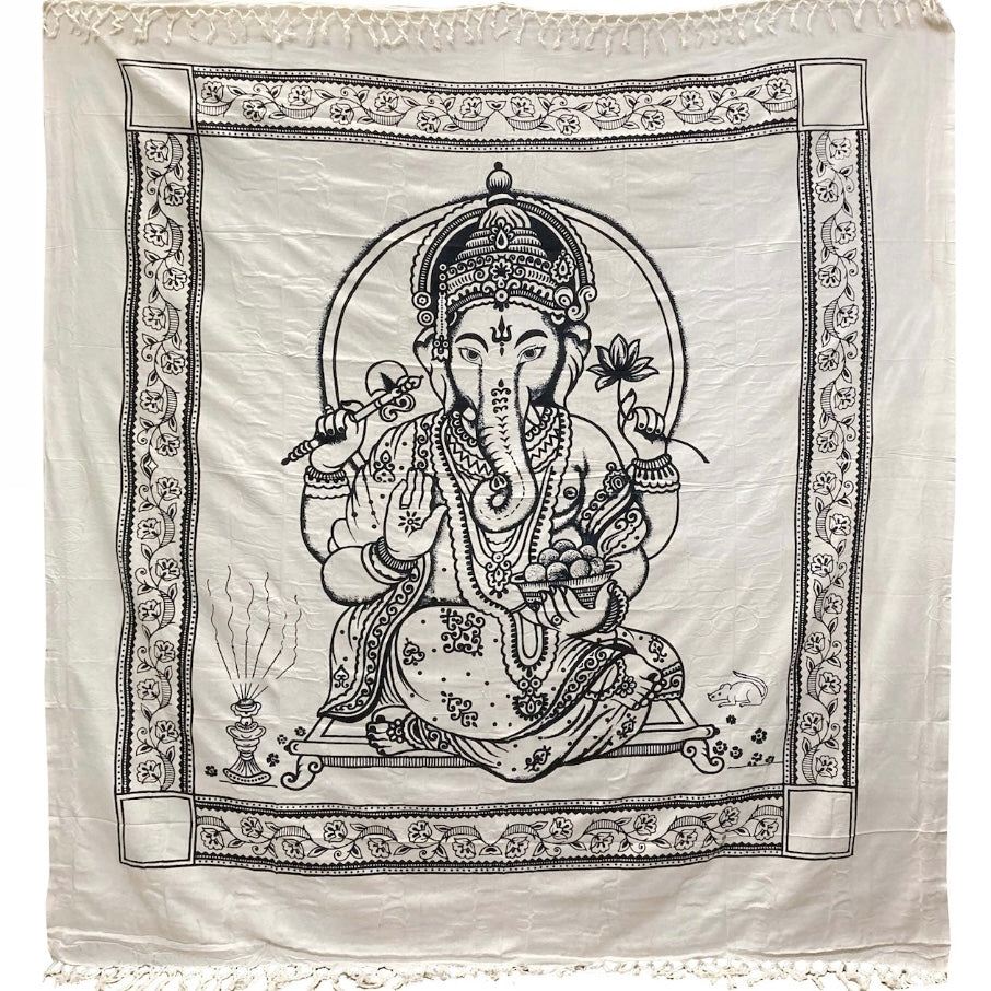 Wall tapestry sheet with black and white ganesh in cotton made in India - 220x240cm
