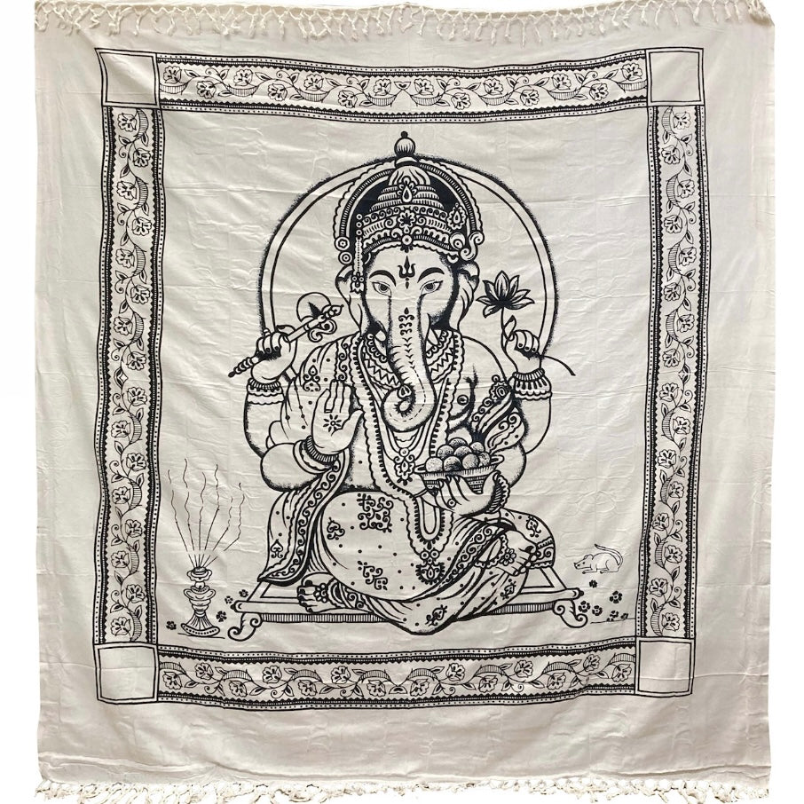 Telo Arazzo da Parete con Ganesh Bianco e Nero in Cotone Made in India - 220x240cm