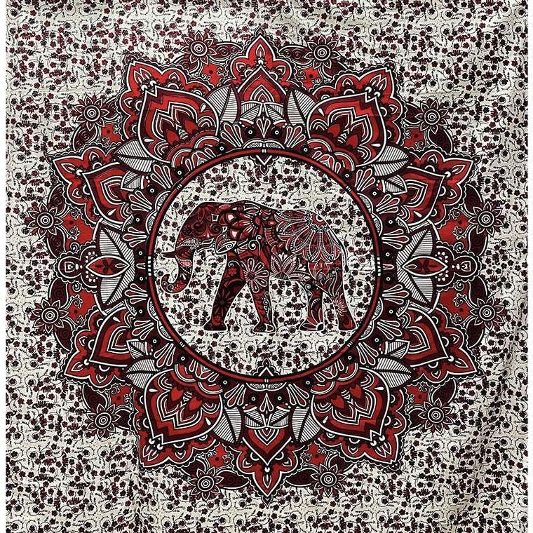 Telo Arazzo da Parete con Elefante e Loto Rosso in Cotone Made in India - 220x240cm