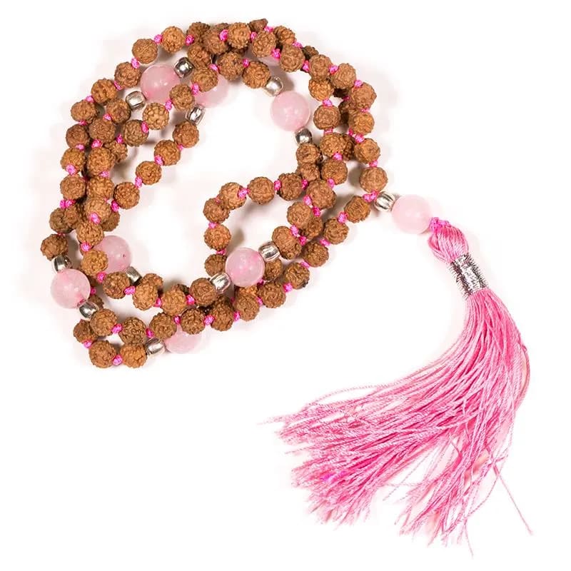 Mala Tibetana Rudraksha and pink quartz with nappa - Rosario 108 grains necklace