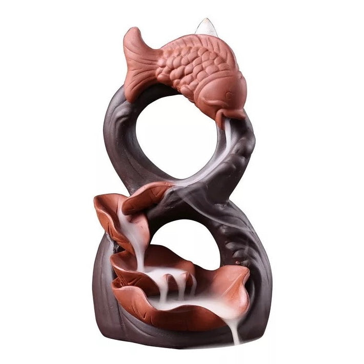 Bruciaincenso a cascata Carpa in ceramica per Incenso in coni - Portaincenso a fontana 14,5 cm - clorophilla-shop