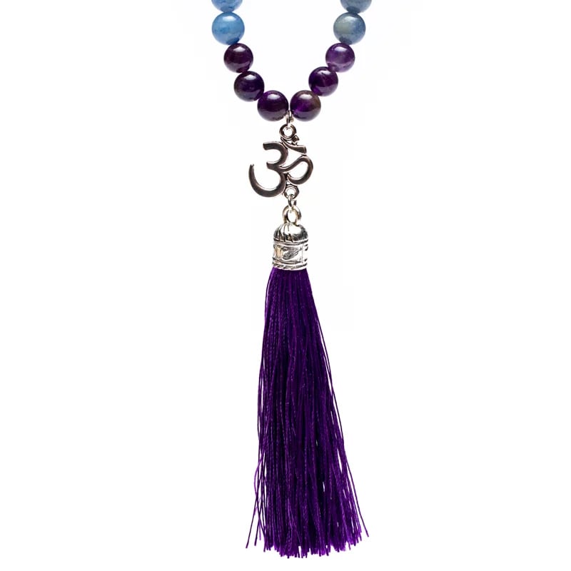 Tibetan Mala in Amethyst, Adventurine and Rocca crystal with OM and Nappa pendant - Rosary necklace 108 pearls