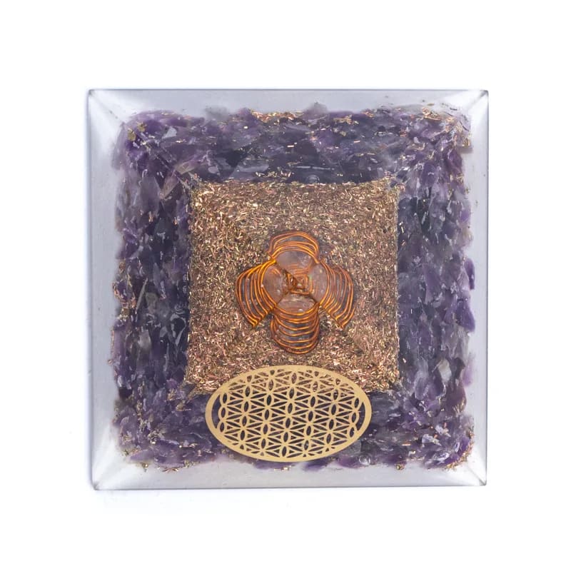 Piramide Fiore della Vita in Orgonite con Ametista - Cristalloterapia