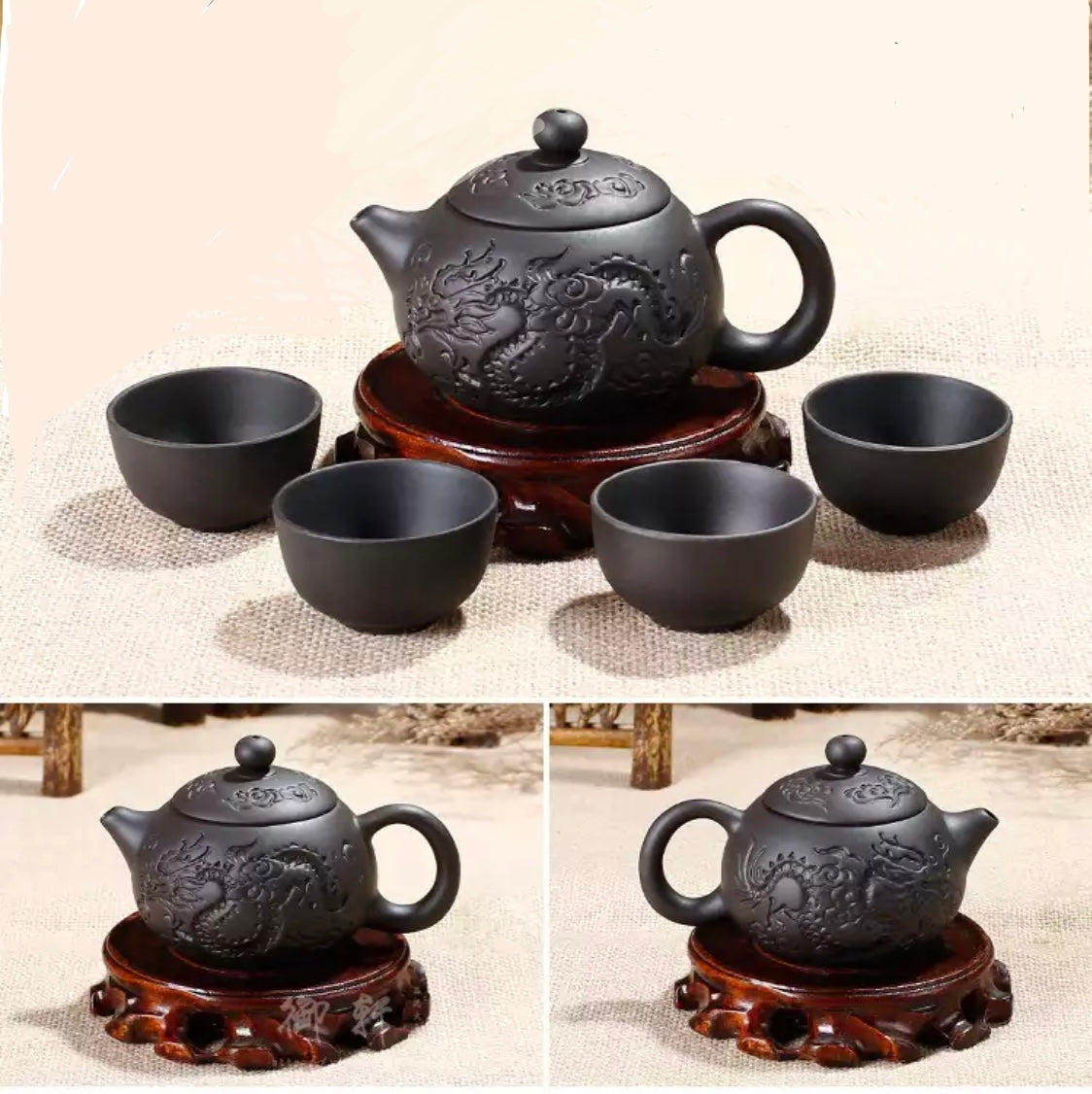 Set Teiera e Tazze in Ceramica Stile Giapponese con Drago