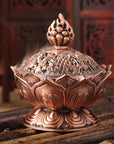 Bruciaincenso Fiore di Loto con simboli Buon Auspicio Tibetani per Incenso in Grani, Bastoncini e Coni - Portaincenso RAME - clorophilla-shop