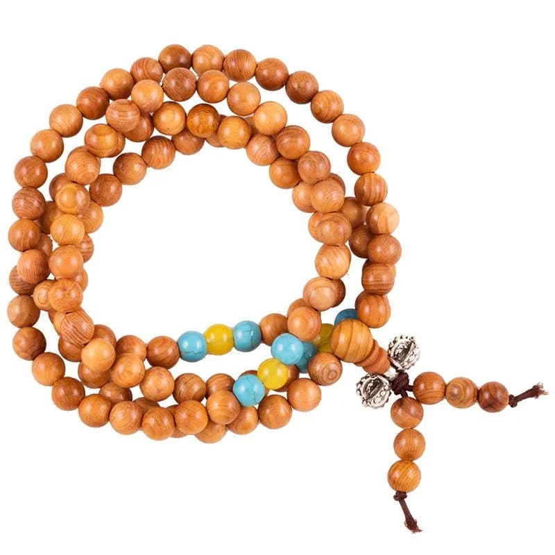 Mala Tibetana in Legno e Dorje con Filo Elastico - Collana Rosario 108 Grani in legno e 9 Grani Ornamentali