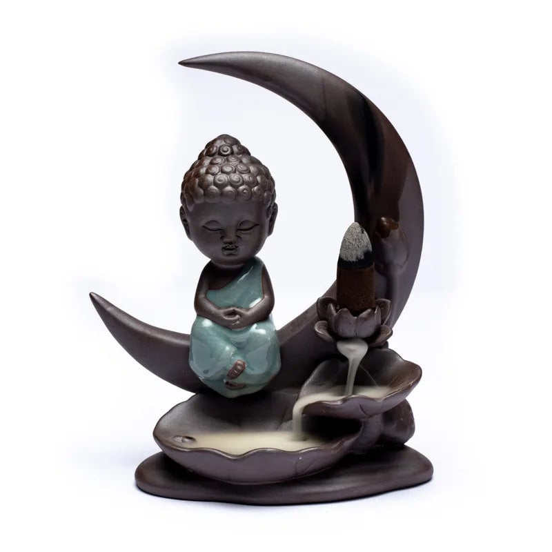 Bruciaincenso a cascata Buddha sulla Luna in Ceramica per Incenso in Coni e Bastoncini - Portaincenso a fontana 16.5cm - clorophilla-shop