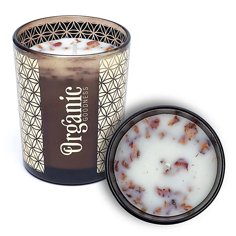 Organic Goodness Rose & Geraniium - soy wax candle with rose and geranium fragments - Smudge Scented Candle 200g
