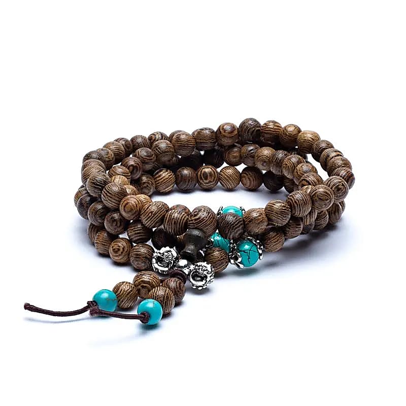 Wood and Dorje Mala Tibetan with elastic wire - Rosary necklace 108 wood grains and 3 ornamental grains