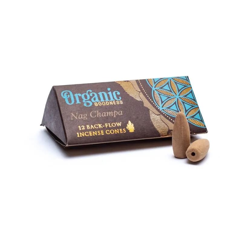 Organic Goodness Nag Champa Coni Incense with Reflux Backflow for Bruciava Cascata Burn - 12 Coni