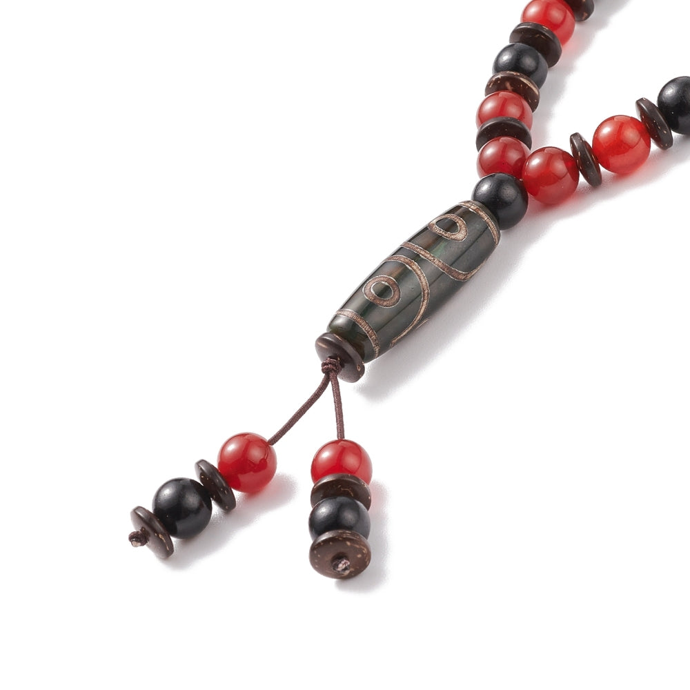 Collana Buddhista con ciondolo ovale in legno naturale e Agata rossa - clorophilla-shop
