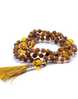 Mala Tibetana Rudraksha e Citrino Quarzo affumicato con Nappa - Collana Rosario 108 Grani