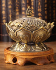 Bruciaincenso Fiore di Loto con simboli Buon Auspicio Tibetani per Incenso in Grani, Bastoncini e Coni - Portaincenso BRONZO - clorophilla-shop