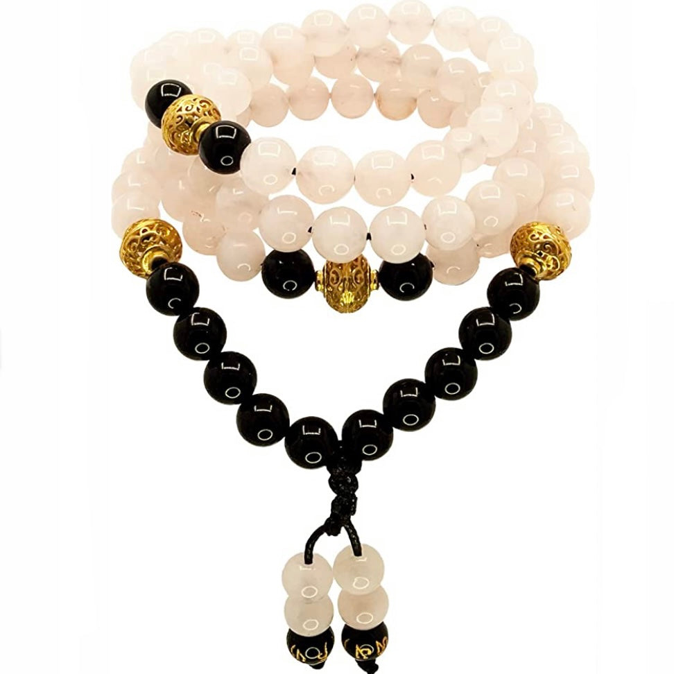 Samsara Mala Tibetana Quarzo rosa e Onice nero - Collana Rosario 108 grani