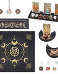 Set wicca portacarte tarocchi in legno - Tappetino, Stand carte, collana e pietre 7 chakra