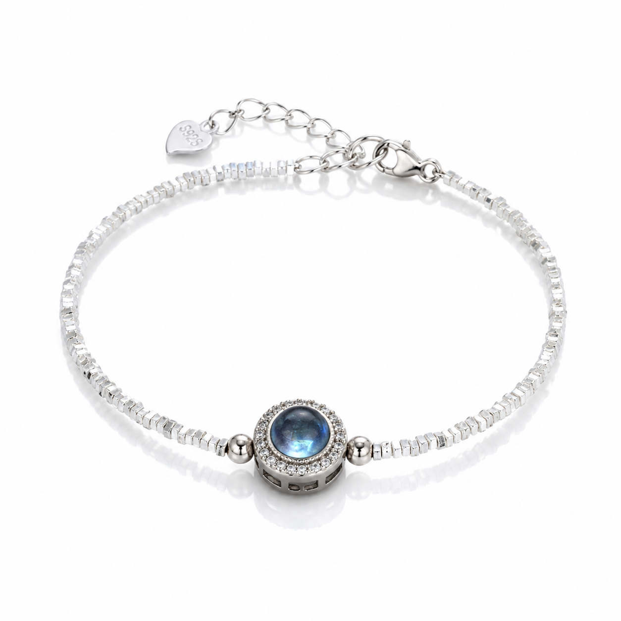 Bracciale in Argento 925 con Acquamarina Naturale – Sfere in Pietra e Centrale Pavé